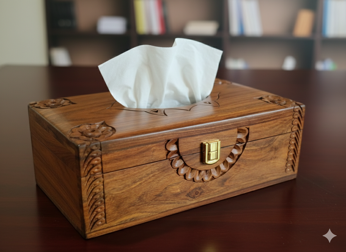 Hand-Carved Wooden Tissue Box Holder - Vintage Rosewood Facial Tissue Dispenser with Brass Latch