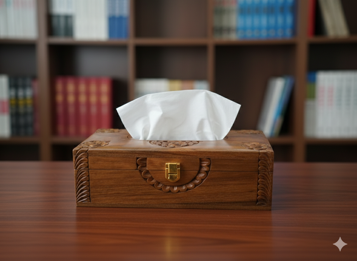 Hand-Carved Wooden Tissue Box Holder - Vintage Rosewood Facial Tissue Dispenser with Brass Latch