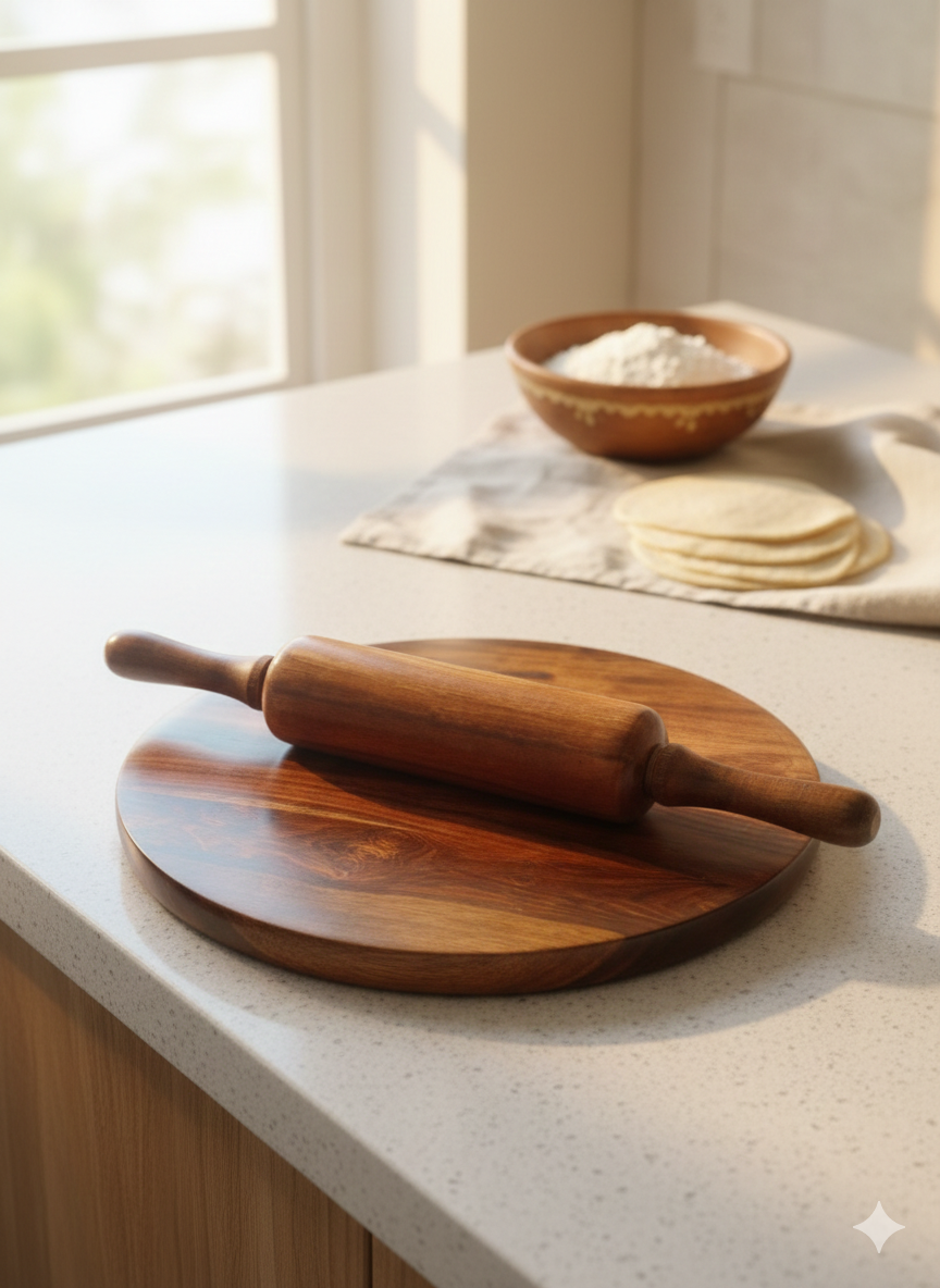 Premium Wooden Chakla Belan Set - 12 Inch Large Sheesham Wood Roti Maker Board & Rolling Pin