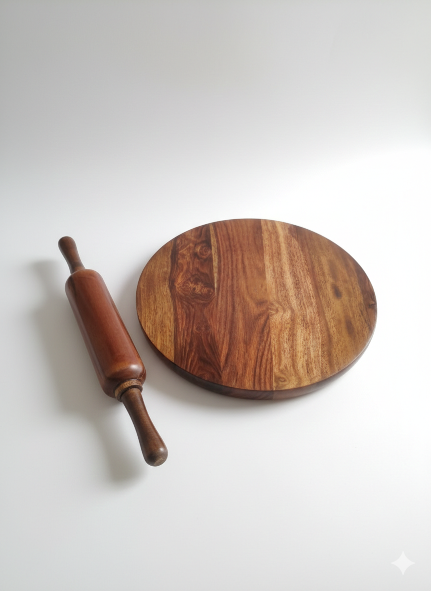 Premium Wooden Chakla Belan Set - 12 Inch Large Sheesham Wood Roti Maker Board & Rolling Pin