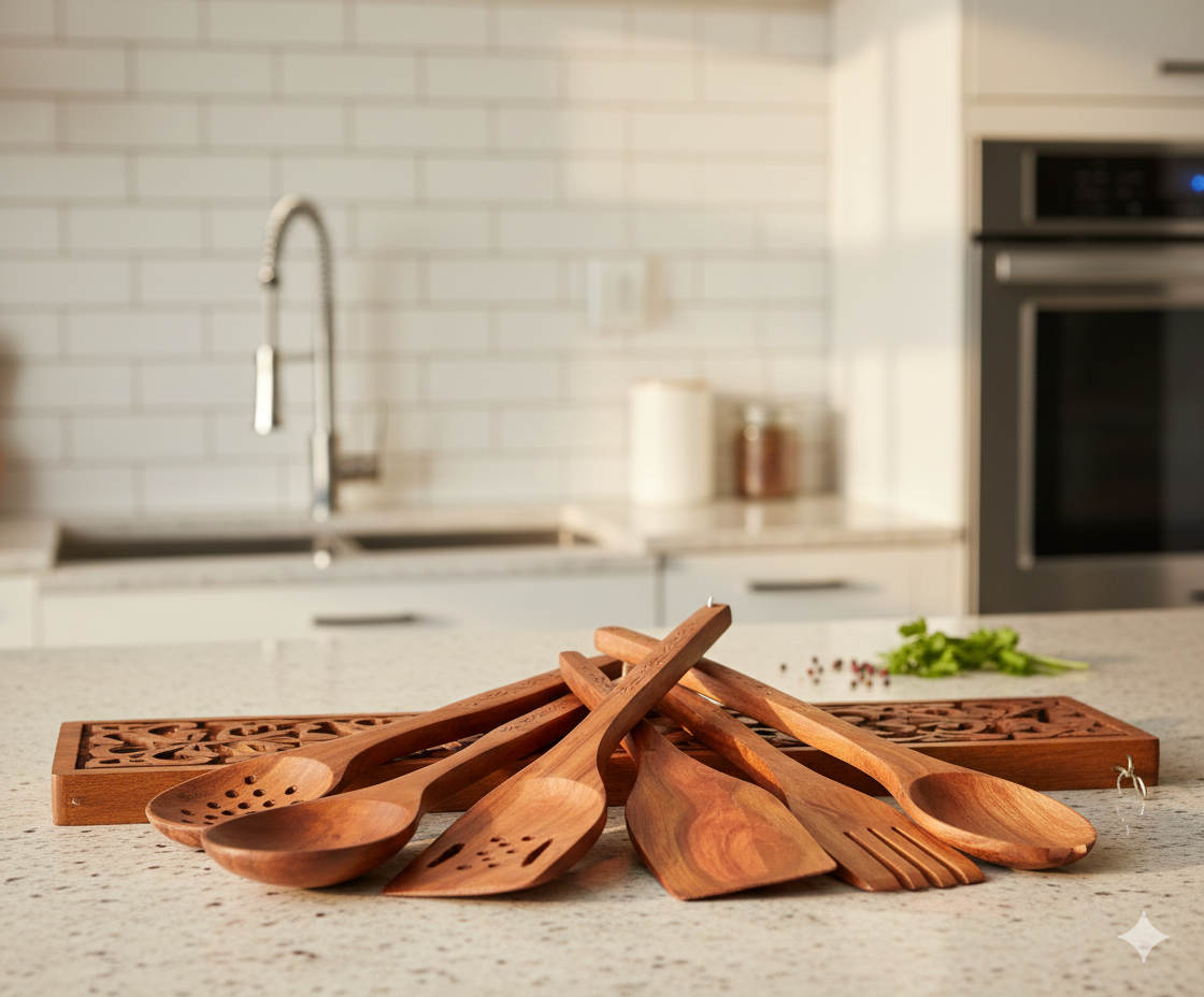 Premium 7-Piece Sheesham Wood Spatula Set - Handcrafted Wooden Spoon & Turner Set for Non-Stick Cookware - Durable Kitchen Utensil Set