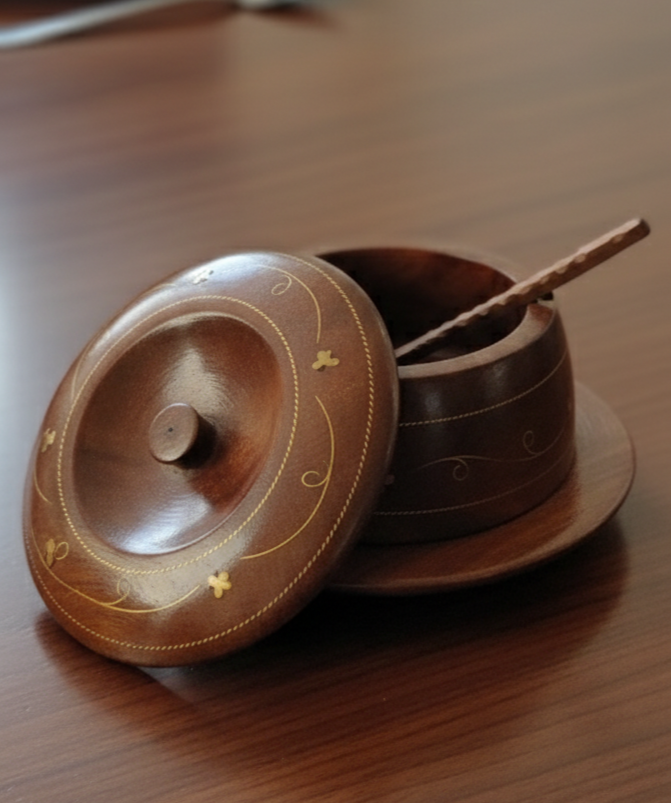 Handcrafted Rosewood Spice Cellar with Brass Inlay – Decorative Salt & Pepper Pot
