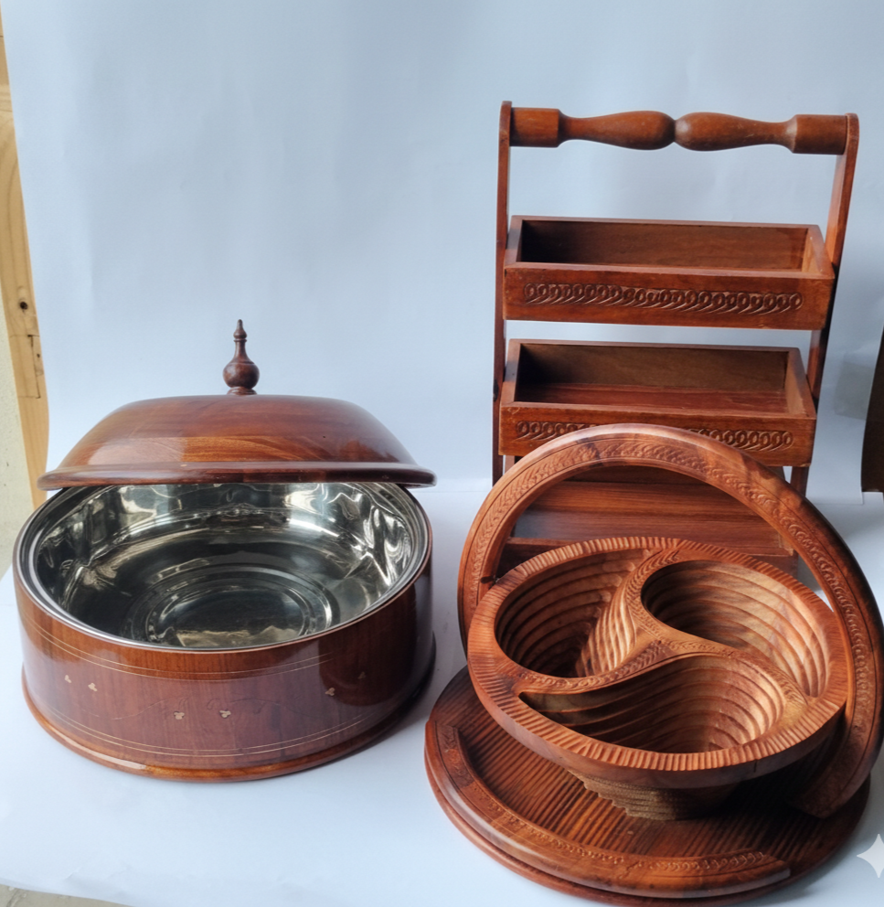 Handcrafted Premium Sheesham Wood Kitchen Set - 3-Piece Luxury Serving Collection (Insulated Hotpot, 3-Tier Spice/Cutlery Rack, & Foldable Fruit Basket)