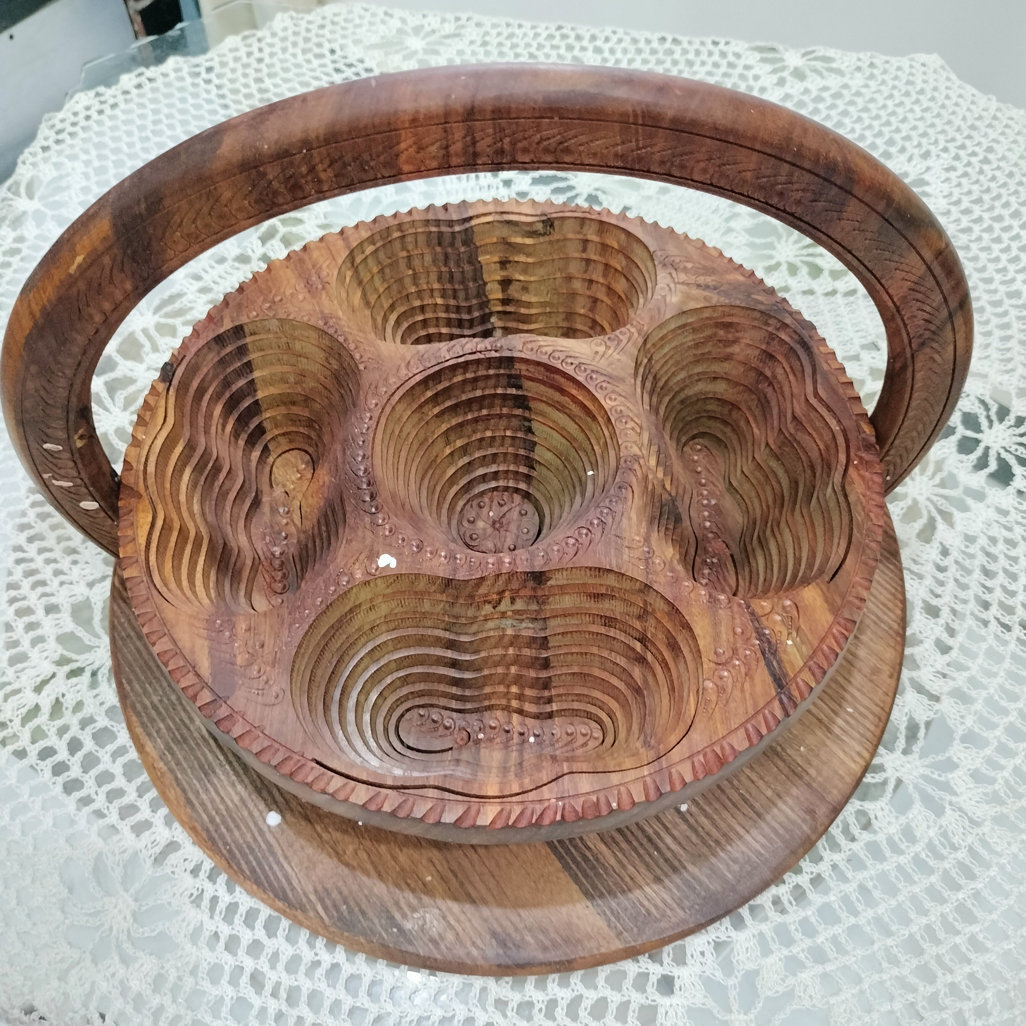 Hand-Carved Collapsible Wooden Dry Fruit Basket