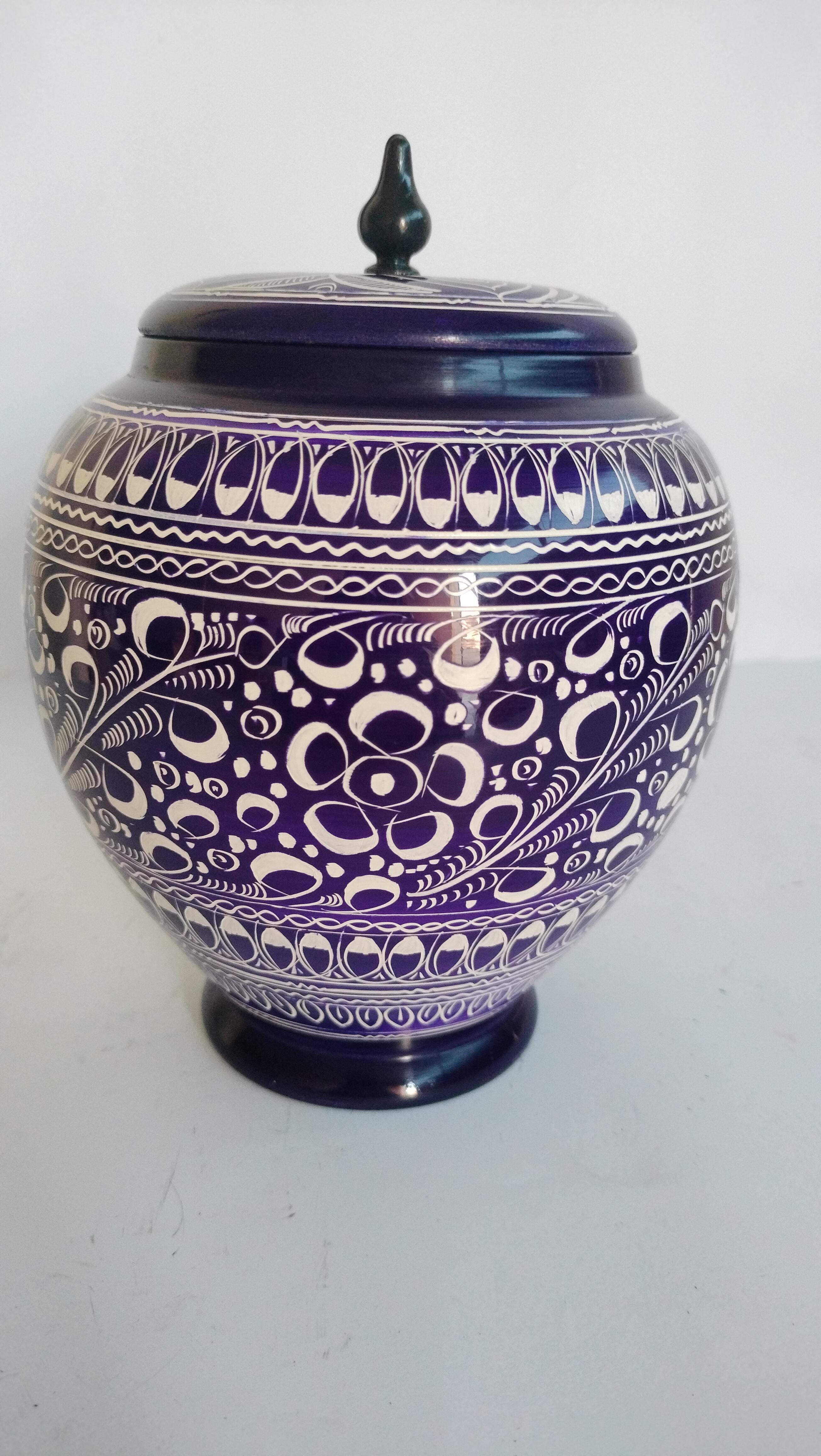 Traditional Handcrafted Lacquer Art Wooden Decorative Jar with Lid - Purple & White Floral Jandi Work