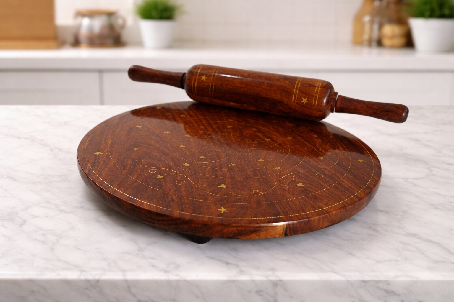 Premium Sheesham Wood Handcrafted Round Roti Maker with Brass Inlay Detailing