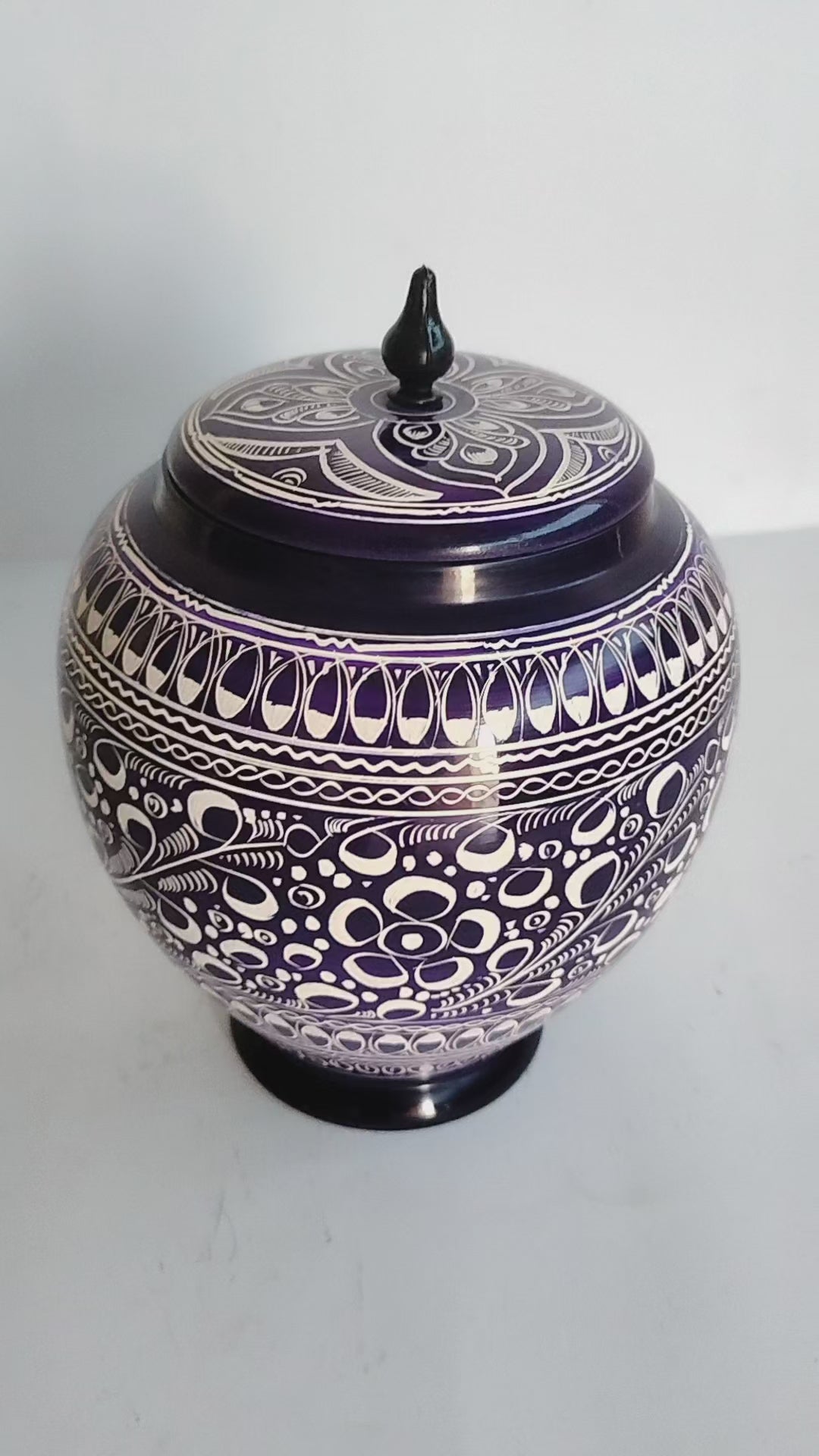 Traditional Handcrafted Lacquer Art Wooden Decorative Jar with Lid - Purple & White Floral Jandi Work